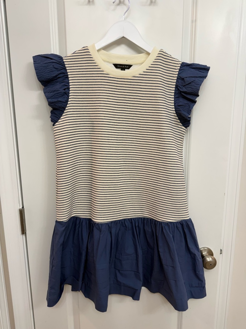 Strut & Bolt Navy and Cream Striped Ruffle-Sleeve Mini Dress